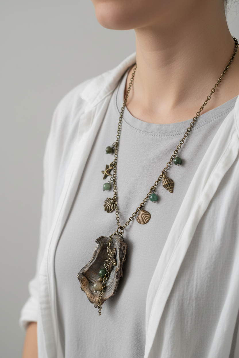 Collana artigianale boho mare indossata su collo donna
