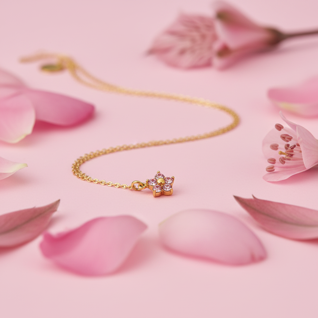 Collana fiore strass rosa mood editoriale floreale