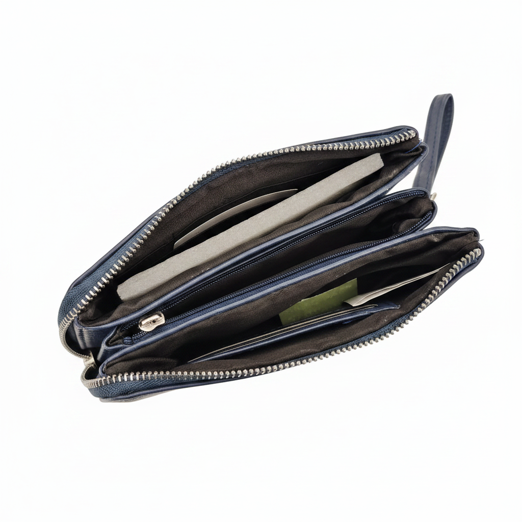 Clutch wristlet blu navy – interno aperto con 3 scomparti