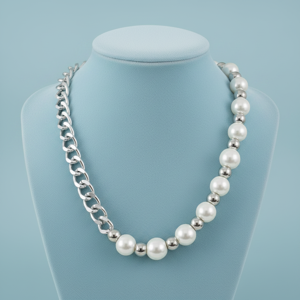 Collana perle bianche e catena grumette su busto da vetrina verde salvia – Tredi Bijoux
