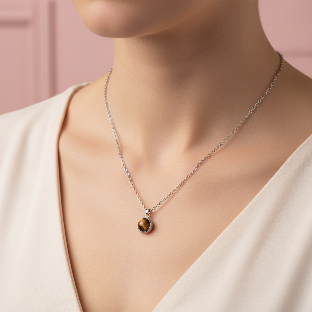 Collana occhio di tigre indossata sfondo rosa cipria