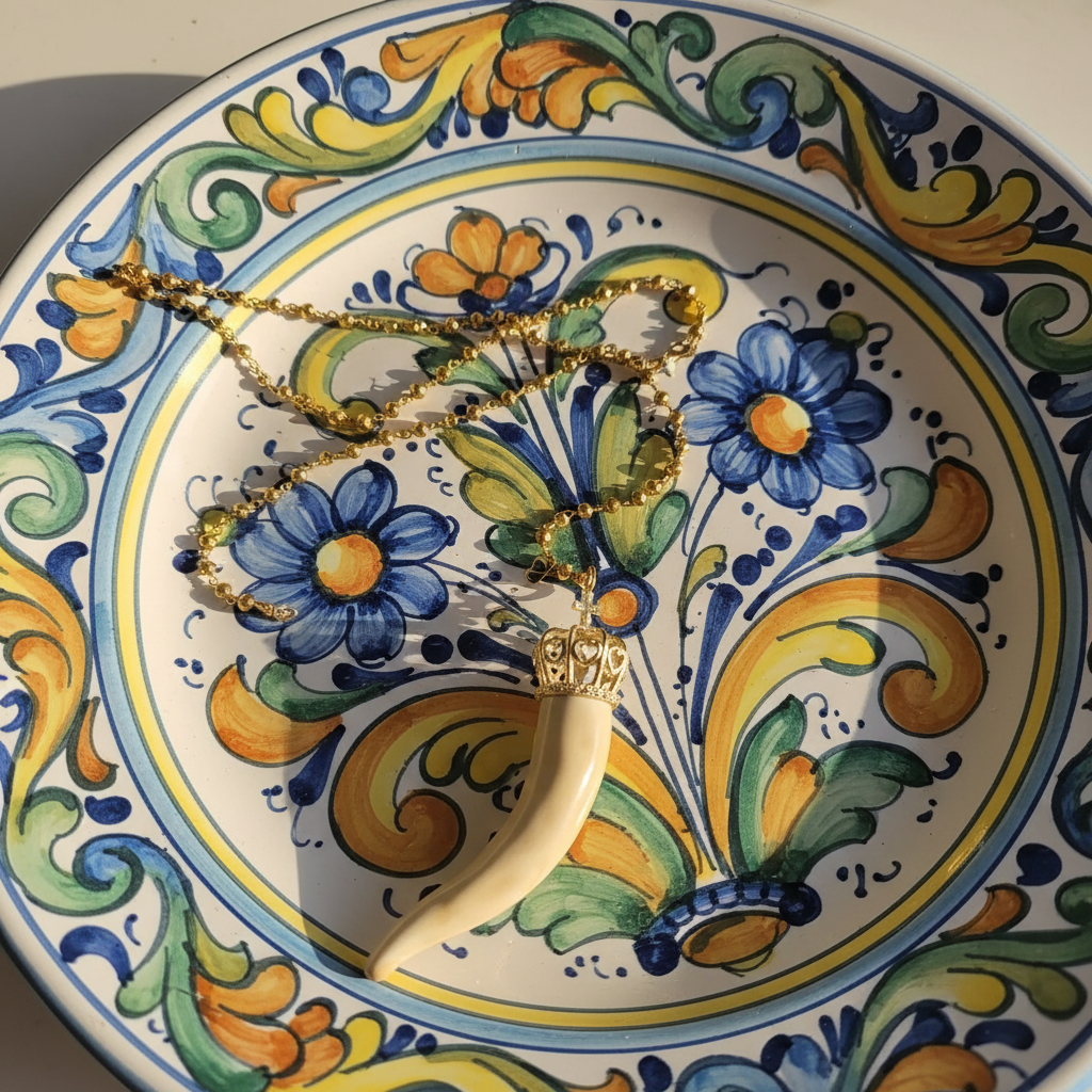Collana Cornetto Beige su Piatto Ceramica Napoletana