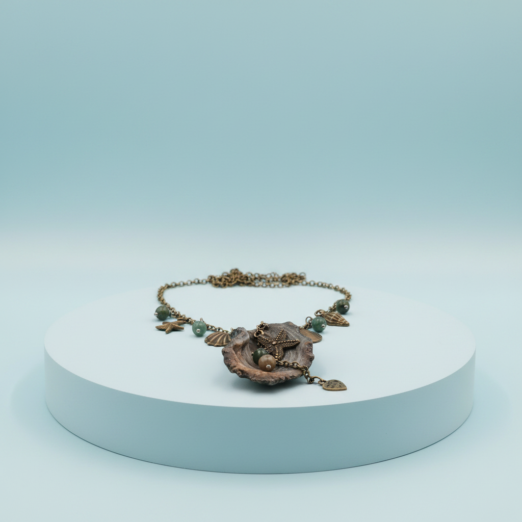 Collana artigianale boho mare su piedistallo azzurro pastello