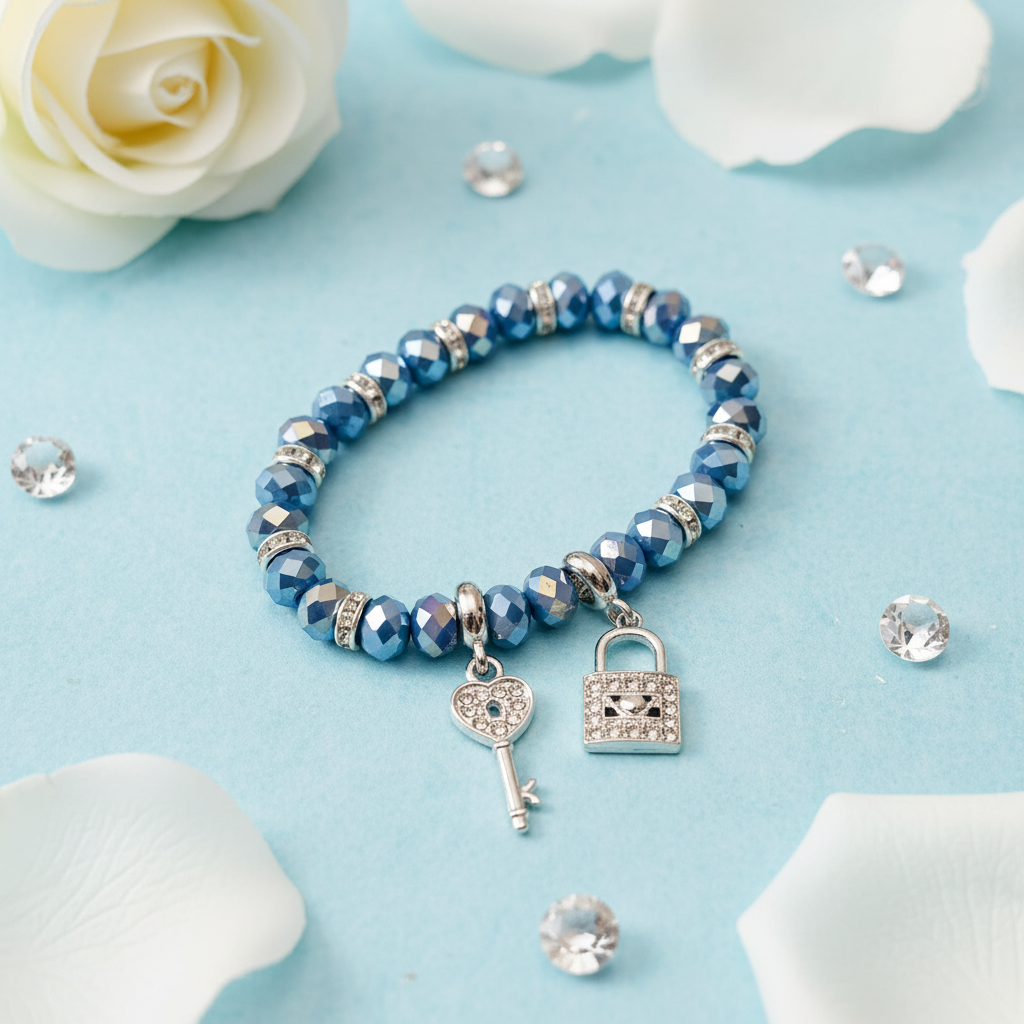 Bracciale perle vetro blu con ciondoli chiave e lucchetto mood editoriale romantico