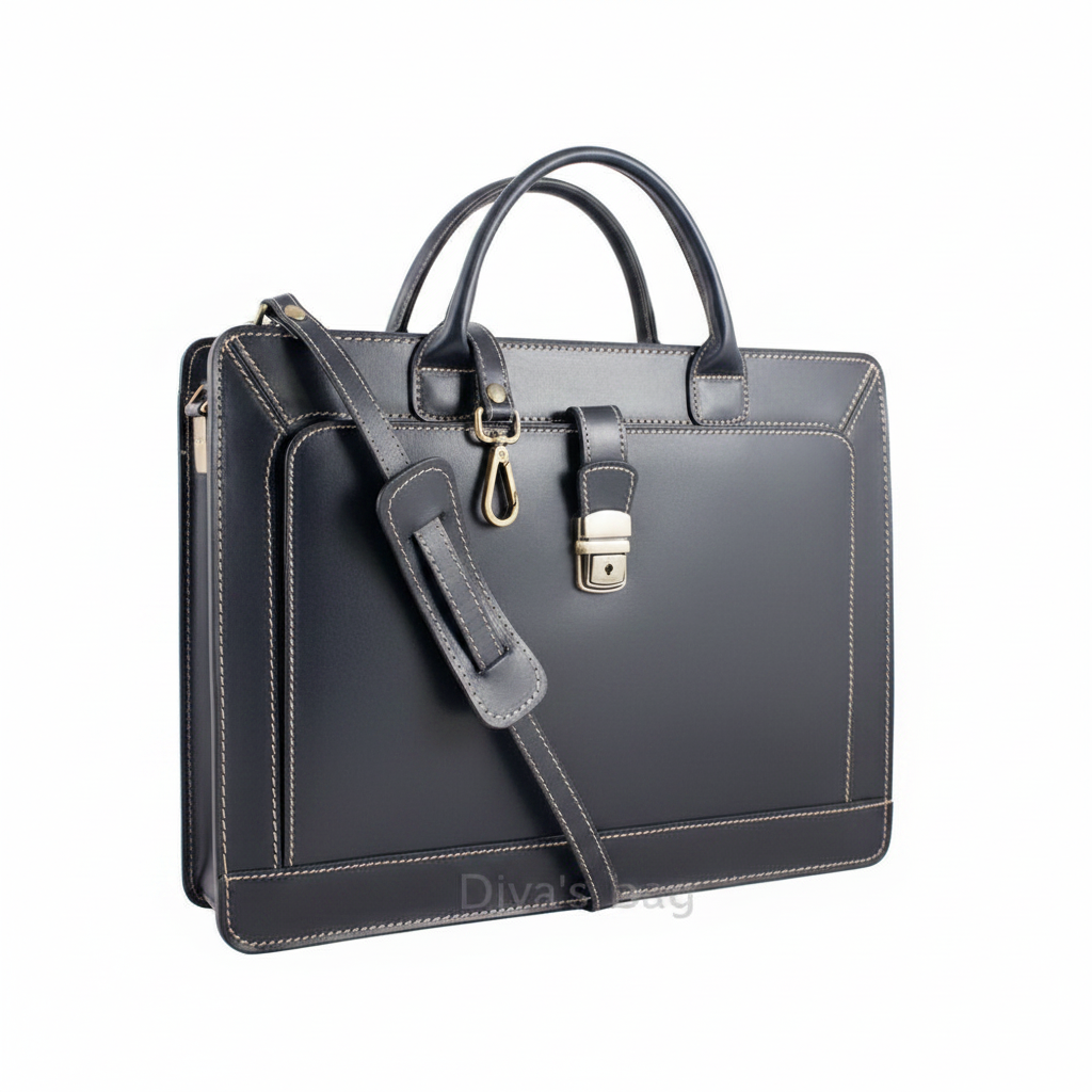 Diva's Bag Franky Cartella Vera Pelle Blu Scuro - vista tre quarti con tracolla