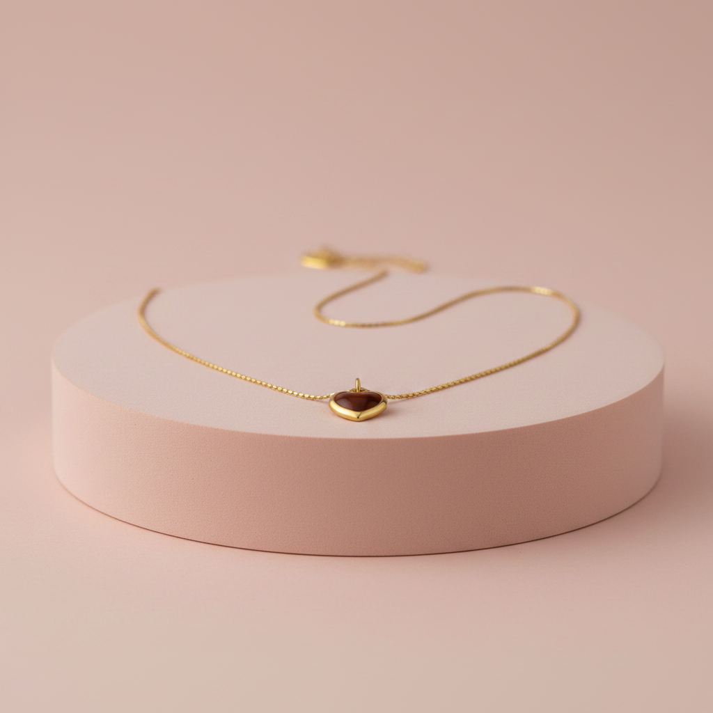 Lamù Collana Oro 18k Cuore Smaltato Marrone su piedistallo rosa cipria