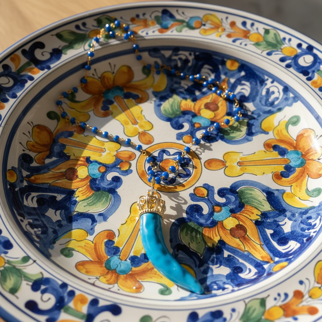 Collana Cornetto Turchese su Piatto Ceramica Napoletana
