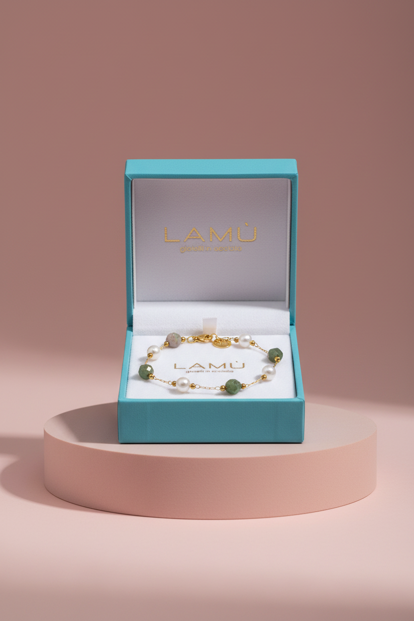 Lamù bracciale acciaio dorato perle agata indiana con scatola regalo