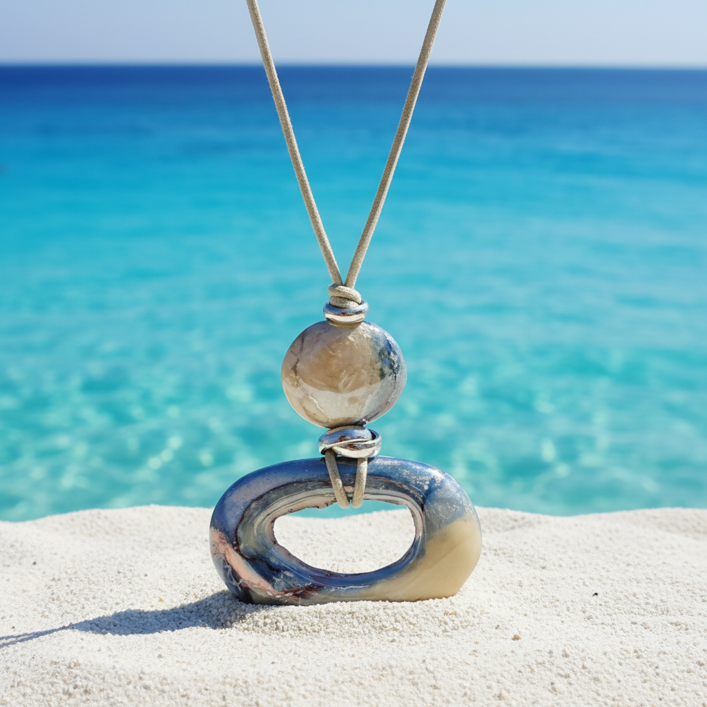 Collana artigianale cordino suede con ciondolo in resina – sfondo mare greco