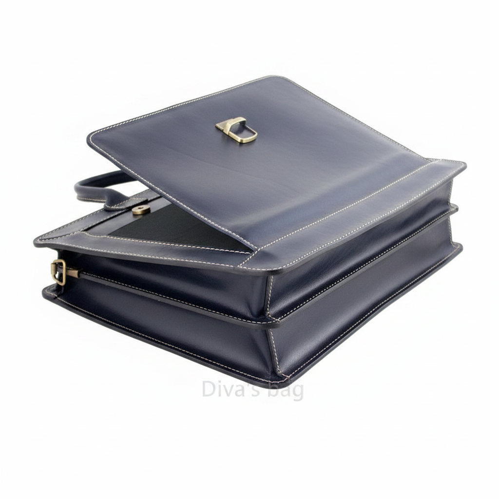 Diva's Bag Franky Cartella Vera Pelle Blu Scuro - laterale aperta