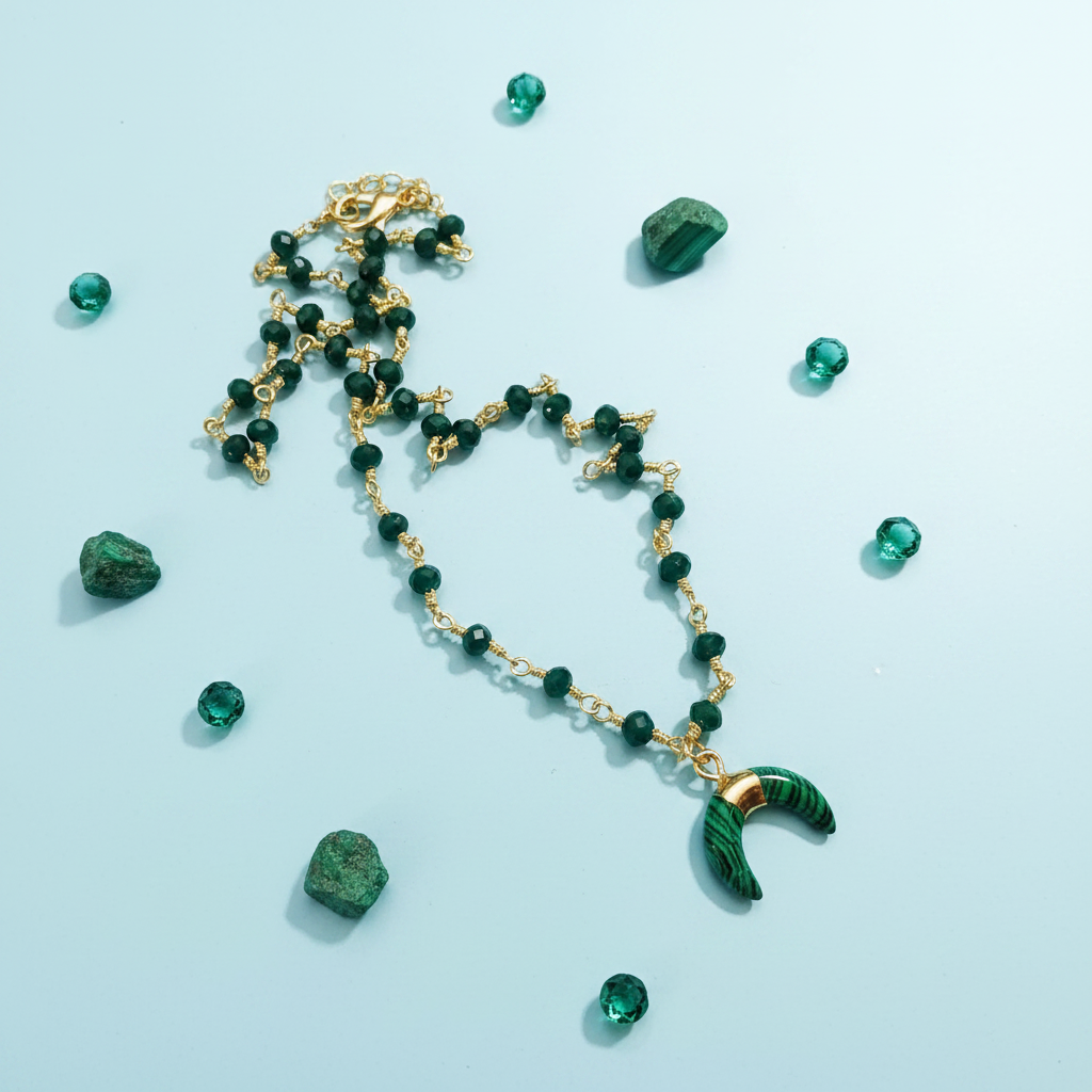 Collana rosario cristalli verde malachite luna mood editoriale