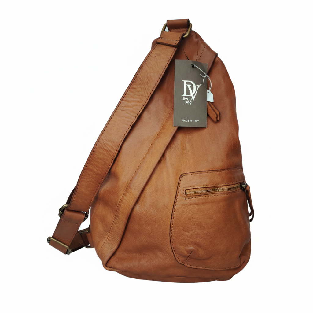 Diva's Bag Murphy Monospalla Vera Pelle Cognac - vista frontale con tag Made in Italy