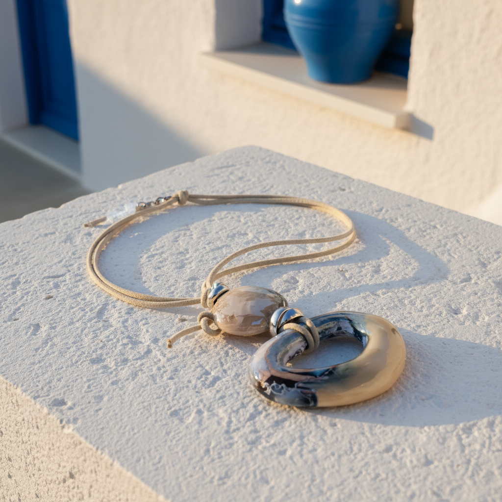Collana artigianale cordino suede con ciondolo in resina – sfondo pietra bianca Santorini