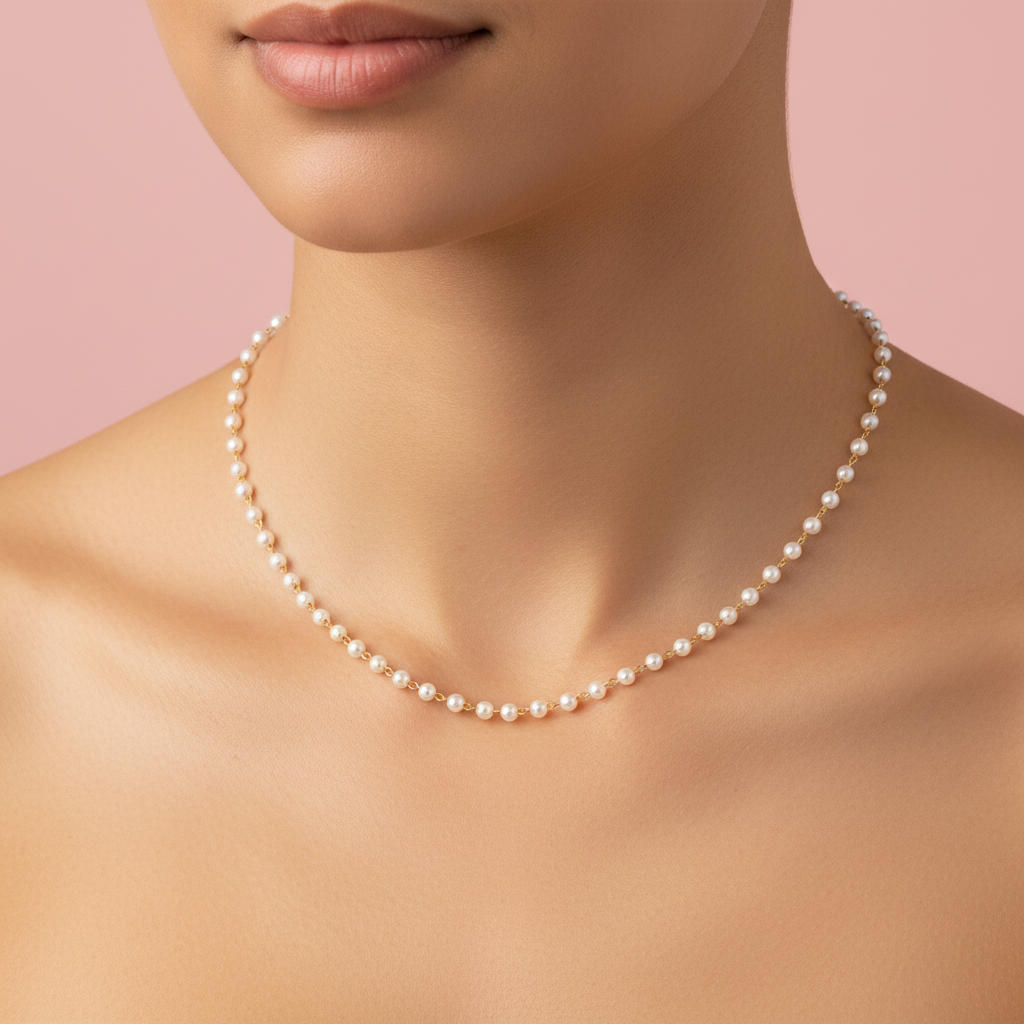 Collana catena oro perline bianche indossata sfondo rosa cipria