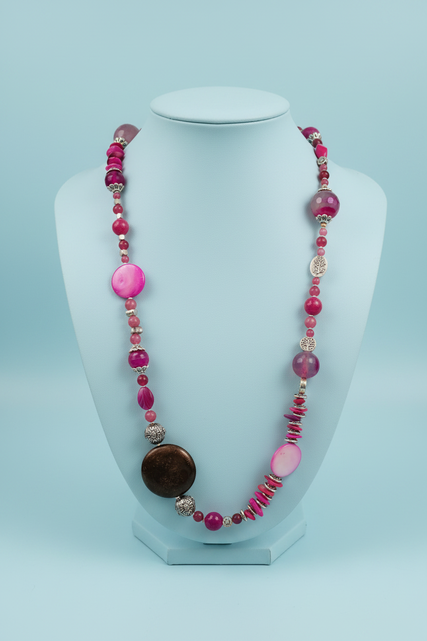 Collana boho perle agata fucsia su busto da vetrina azzurro pastello – Tredi Bijoux