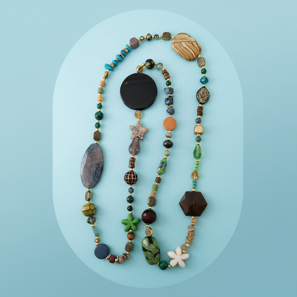Collana lunga boho etnica – vista intera flat lay azzurro pastello