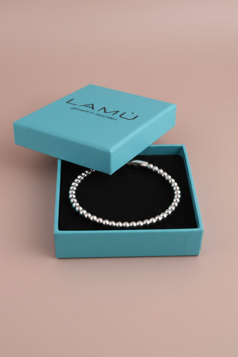 Lamù bracciale rigido apribile piccole sfere acciaio inox con scatola regalo
