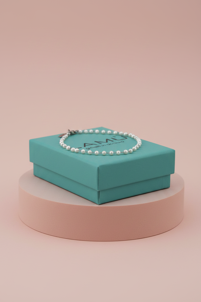 Lamù bracciale acciaio con perline bianche con scatola regalo