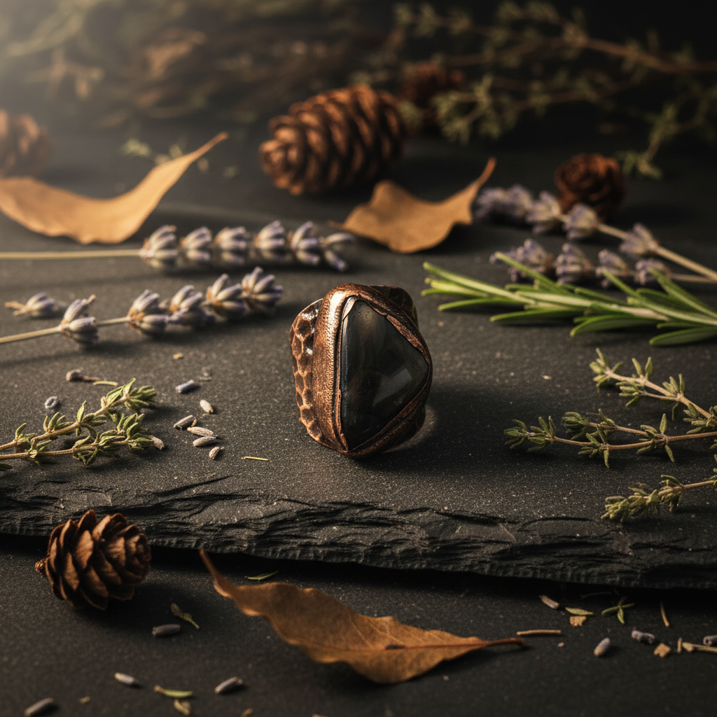 Anello Rame Martellato con Agata Nera - mood boho