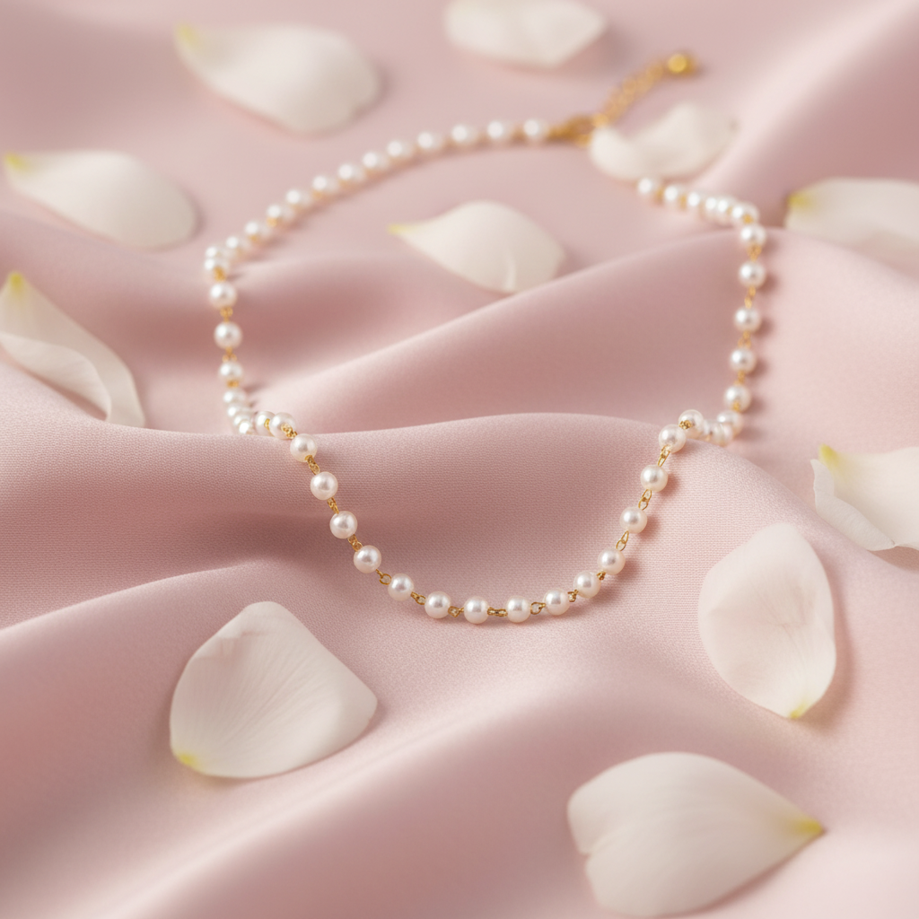 Collana catena oro perline bianche mood petali rosa cipria
