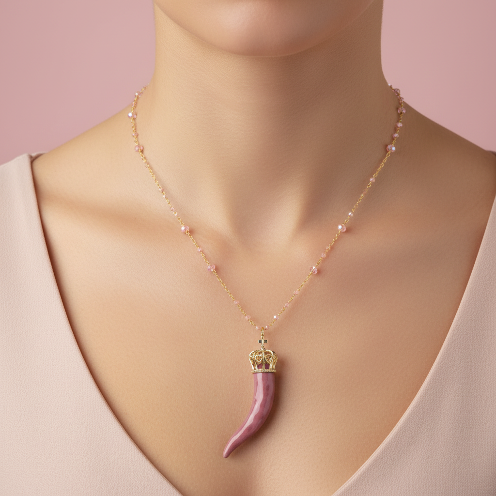 Collana cornetto rosa scuro indossata al collo
