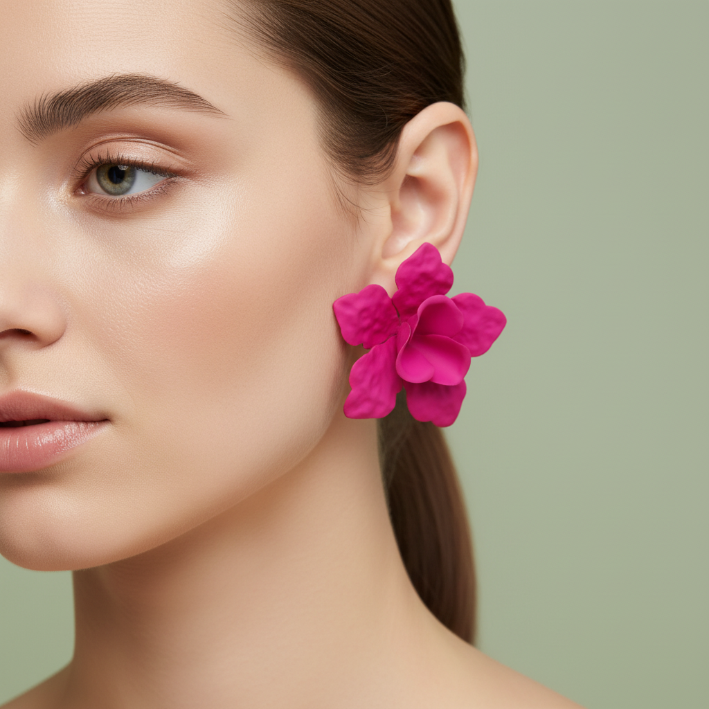 Orecchini Fiore Fucsia - Indossati